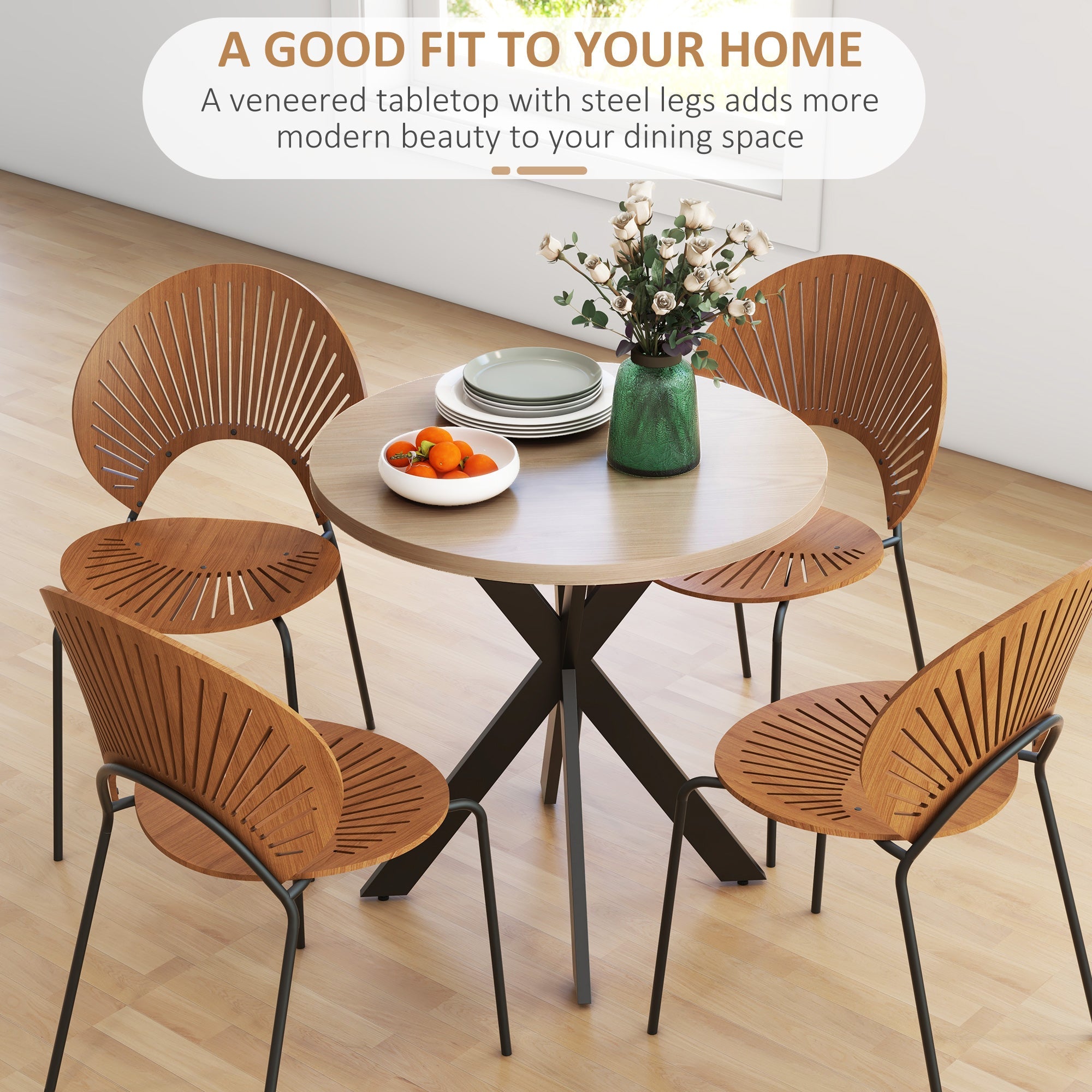 HOMCOM 29" Round Brown Dining Table Contemporary Kitchen Furniture Steel Legs for Modern Home Small Spaces