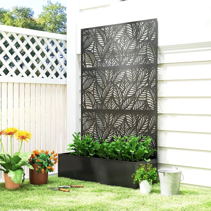 Metal Planter Box with Trellis, 70" Raised Garden Bed with Trellis Privacy Screen for Climbing Plants, Leaves Cut-Out