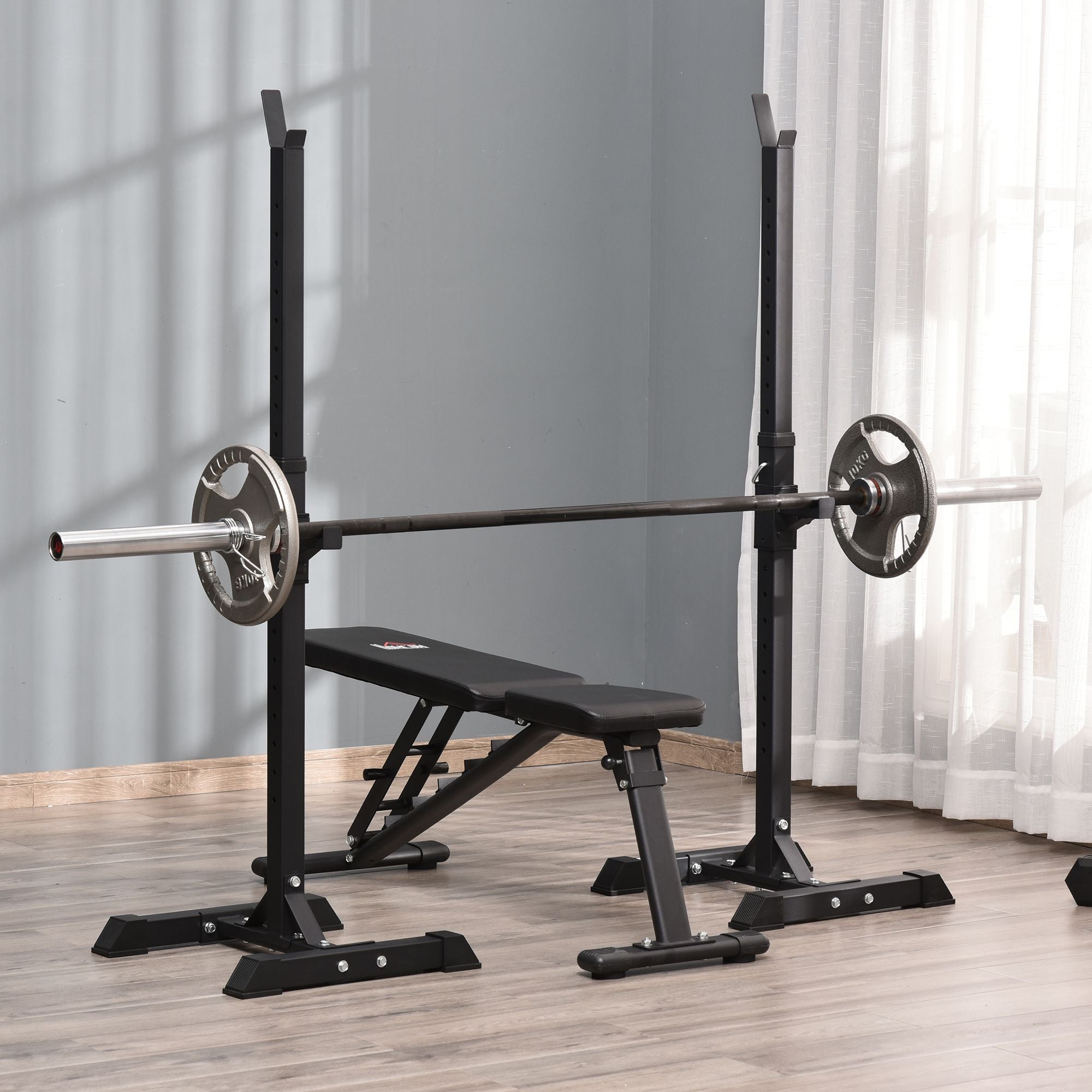 Soozier Adjustable Stable Power Squat Stand Portable 2 Bars Barbell Holder Weight Lifting Rack Black for Home Gym Workout