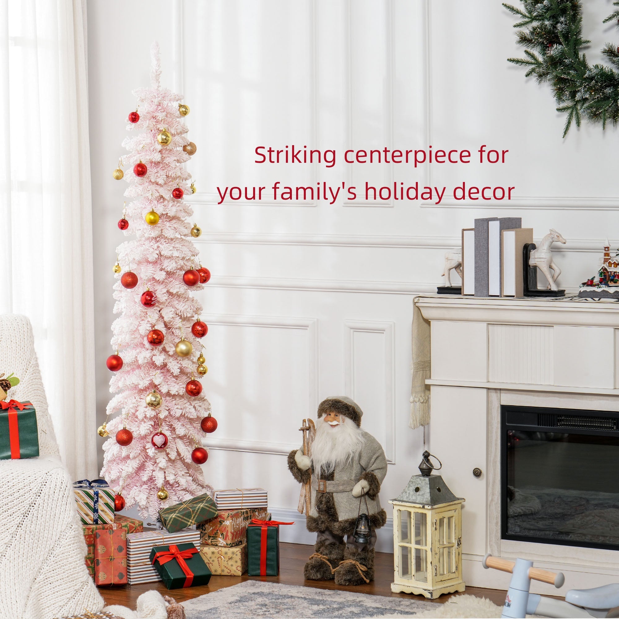 HOMCOM 6ft Snow-Flocked Artificial Christmas Tree, Slim Pencil Xmas Tree with 395 Realistic Branches, Metal Base, Pink