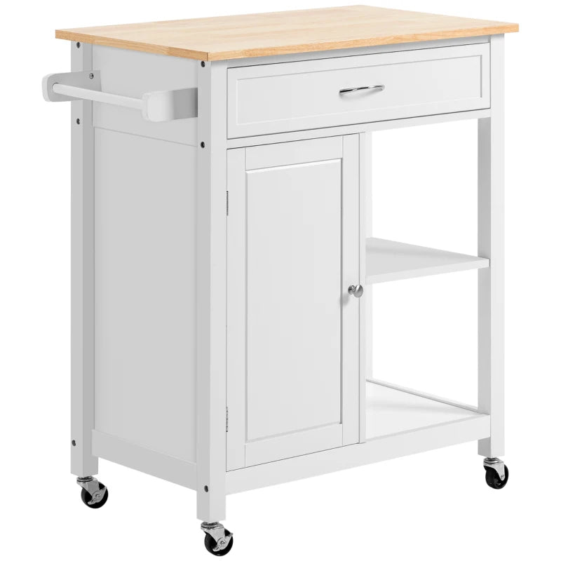 Rolling Kitchen Cart with Wood Top and Drawer, Kitchen Island on Wheels for Dining Room, White