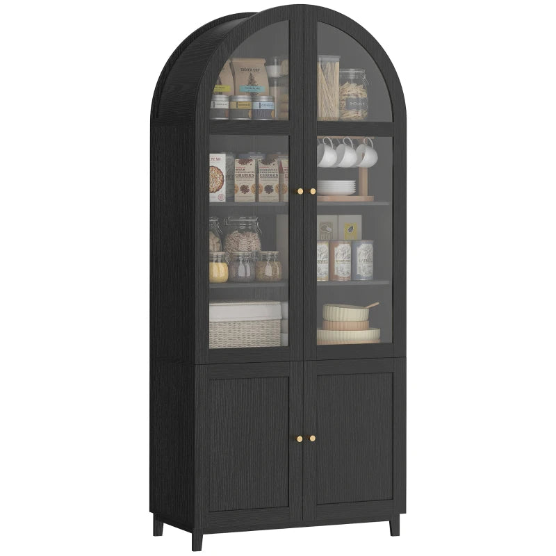 Arched Kitchen Pantry Cabinet, 71" Tall Farmhouse Kitchen Storage Cabinet with Acrylic Glass Doors, Black