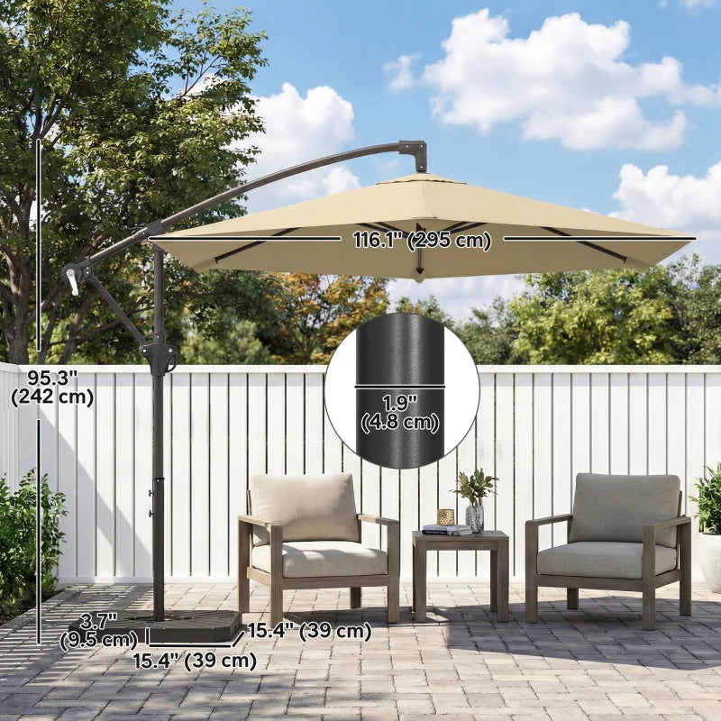 9.7 ft Offset Patio Umbrella with Water/Sand Fillable Weights, Garden Hanging Parasol with Locking Latch, Khaki