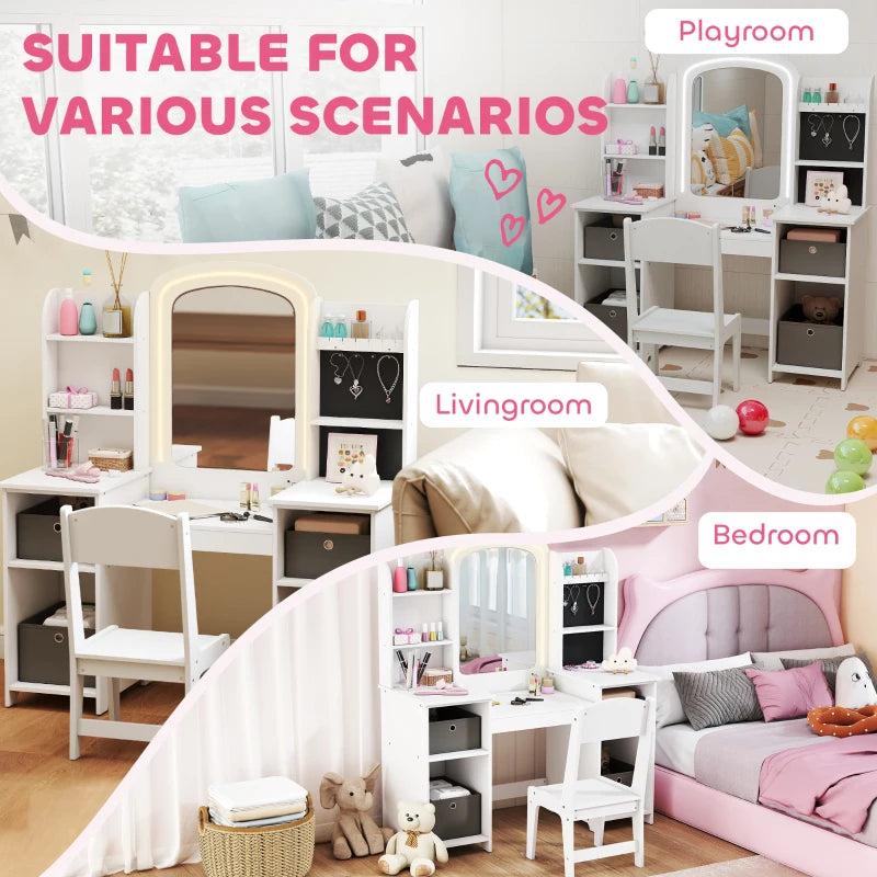 Qaba Kids Vanity Table and Chair Set, Toddler Dressing Table and Chair Set with Lighted Mirror and Storage Space for Little Girls, White