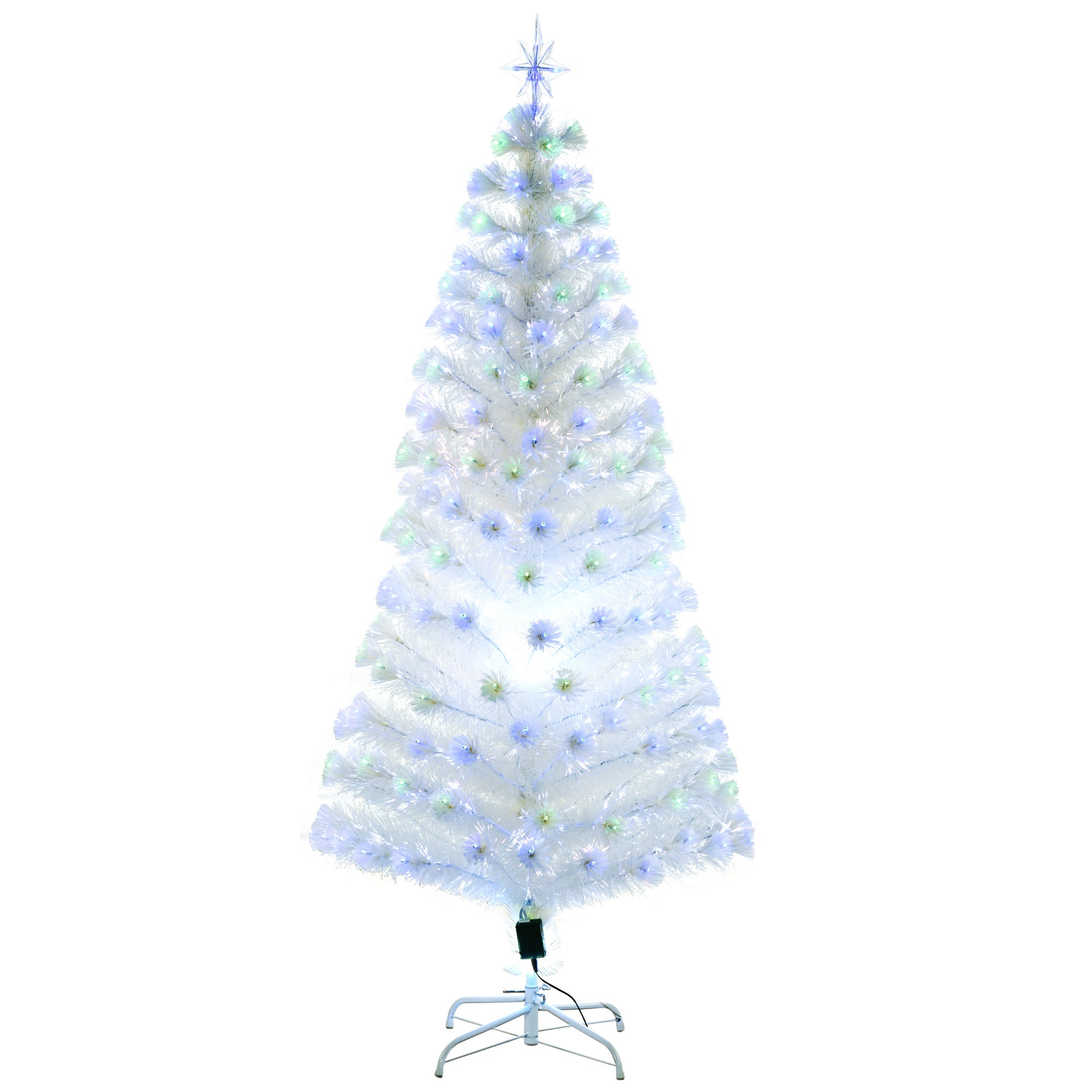 HOMCOM 6FT Pre-Lit Artificial Christmas Tree with Multi-Colored Fiber Optic LED, Cycle Flash Light, White for Festive Home Decor