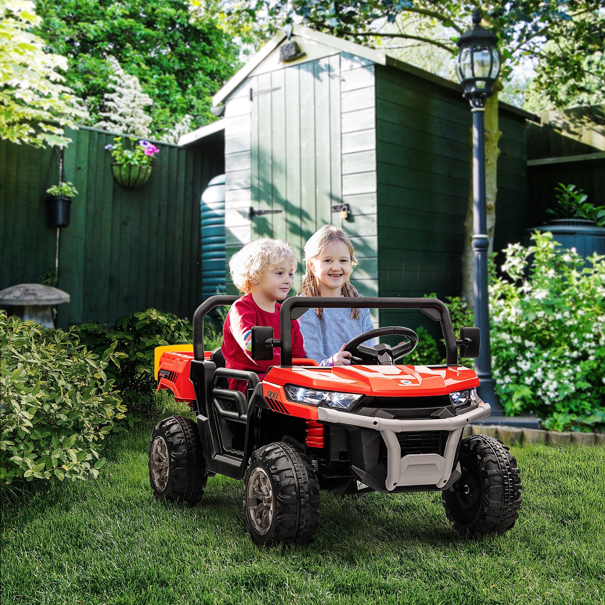 Aosom Kids Ride on Car 12V with Electric Bucket, Two-Seater Battery-Powered Cars for Kids with Shovel, Remote Control, Spring Suspension| Aosom Canada
