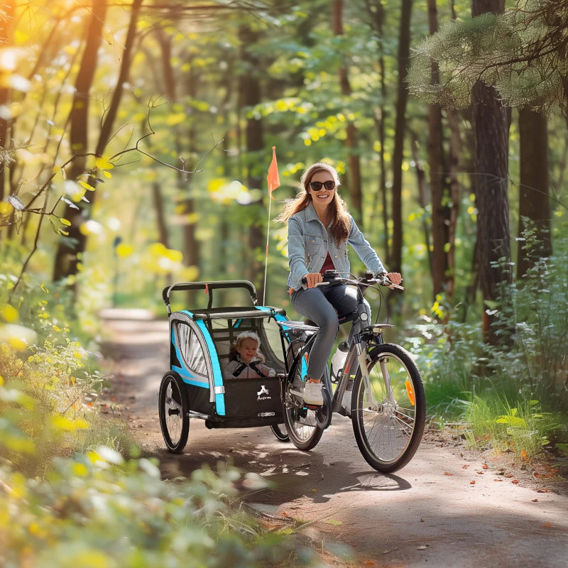 Aosom 3-in-1 Bike Trailer for Kids, Running Stroller with 2 Seats, Jogging Cart with 5-Point Harness, Storage Units, Blue