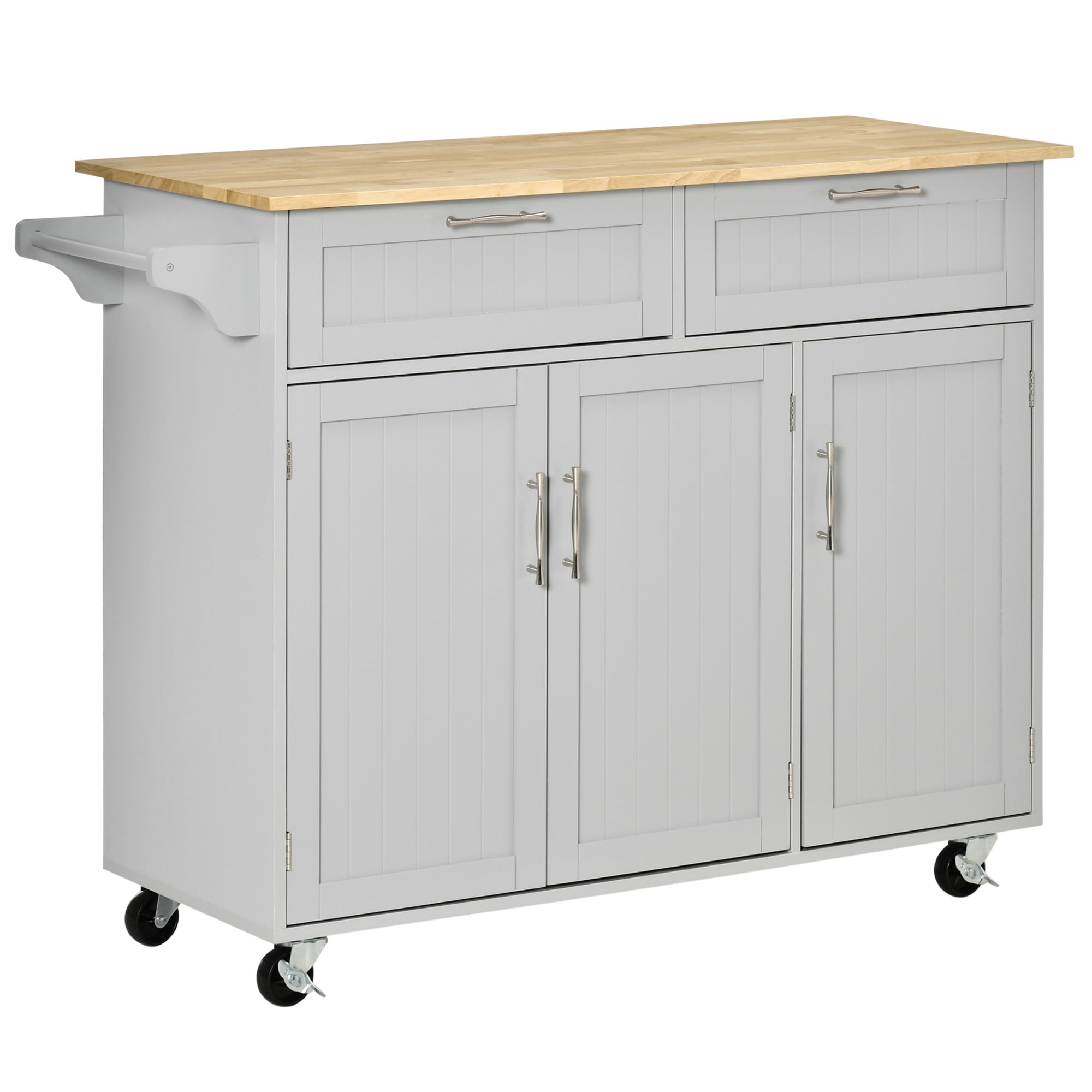 HOMCOM Multifunctional Kitchen Serving Station: Rolling Island Cart with 2 Drawers, Cabinets & Grey Finish