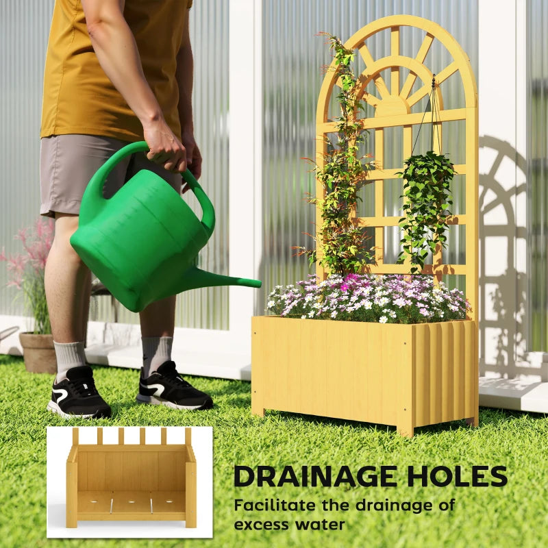 Wooden Raised Garden Bed with Lattice Trellis, Outdoor Elevated Planter Box with Drainage Holes for Climbing Plants