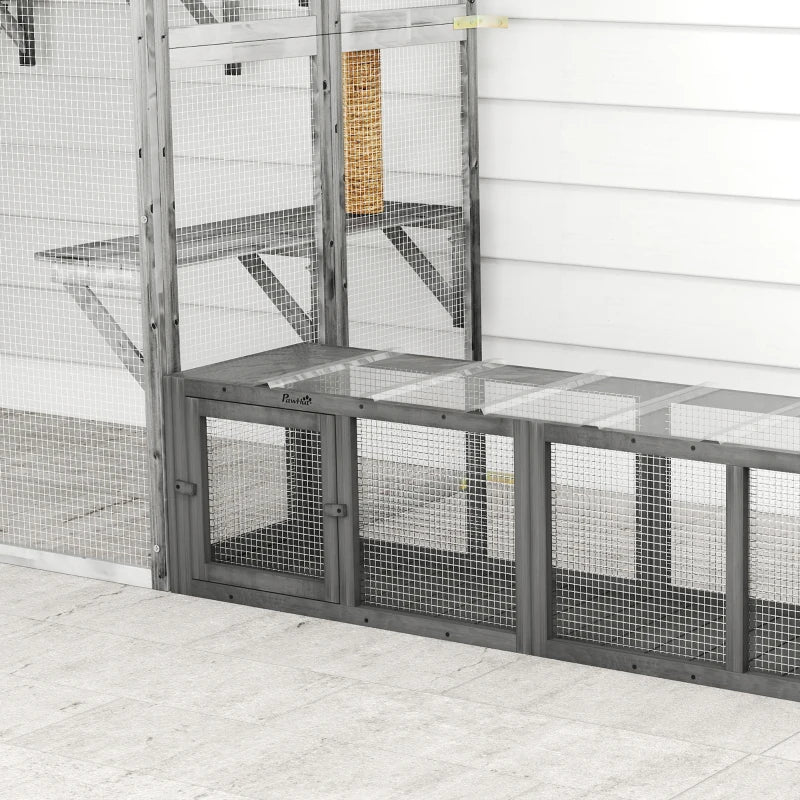 Outdoor Cat Tunnel, Wooden Play Cat Enclosure, Extendable Pet Run with 3 Doors, for Indoor and Outdoor Use, Grey