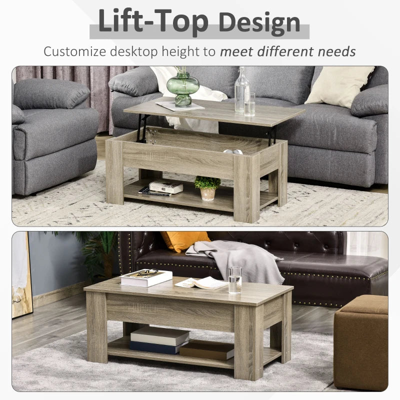 Lift Top Coffee Table with Hidden Storage Compartment and Open Shelf, Center Table for Living Room, Grey