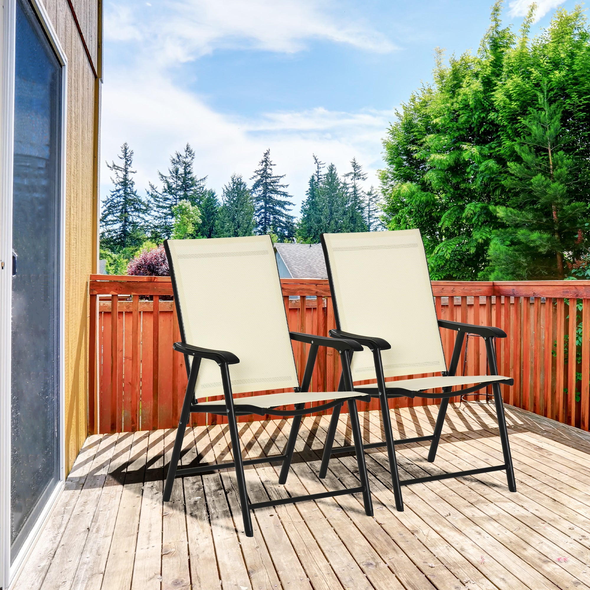 Outsunny Folding Outdoor Dining Chairs Set of 2 Patio Texteline Steel Frame Park Seat
