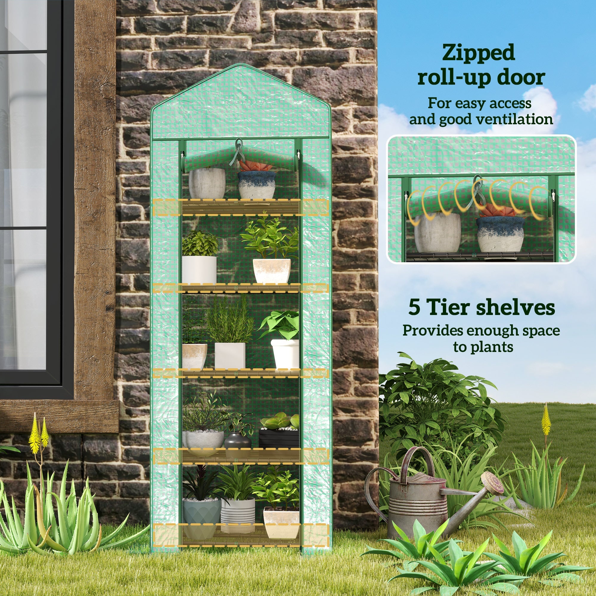 Outsunny 5 Tier Mini Greenhouse, Portable Outdoor Flower Stand with Shelf Clips, Indoor Greenhouse with PE Cover, Steel Frame, Transparent, 27.25" x 19.25" x 76", Green