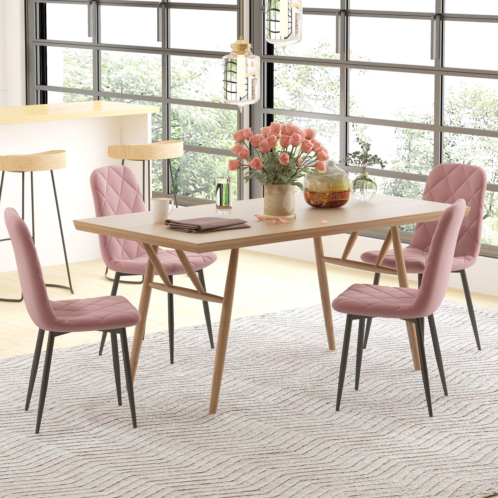 HOMCOM Dining Chairs Set of 4, Upholstered Dining Room Chairs with Steel Legs, Modern Kitchen Chair for Dining Room, Pink