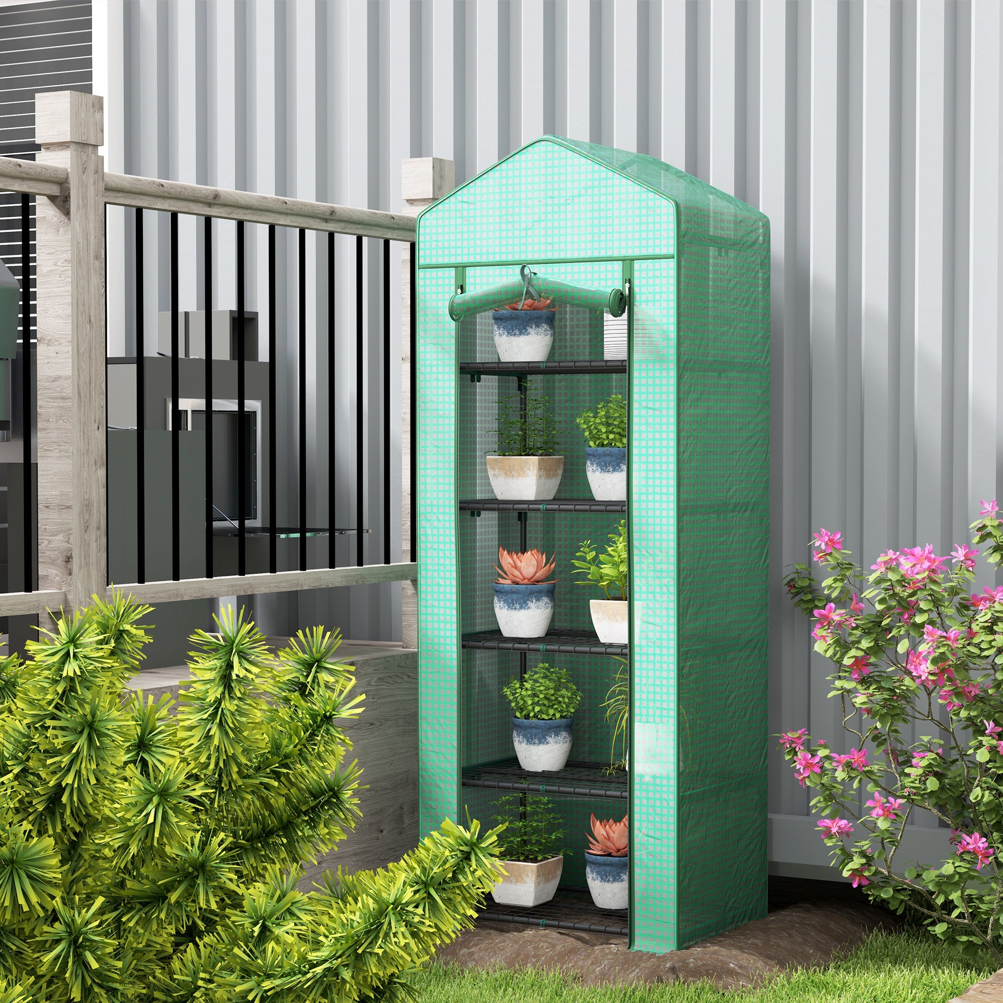 Outsunny 5 Tier Mini Greenhouse, Portable Outdoor Flower Stand with Shelf Clips, Indoor Greenhouse with PE Cover, Steel Frame, Transparent, 27.25" x 19.25" x 76", Green