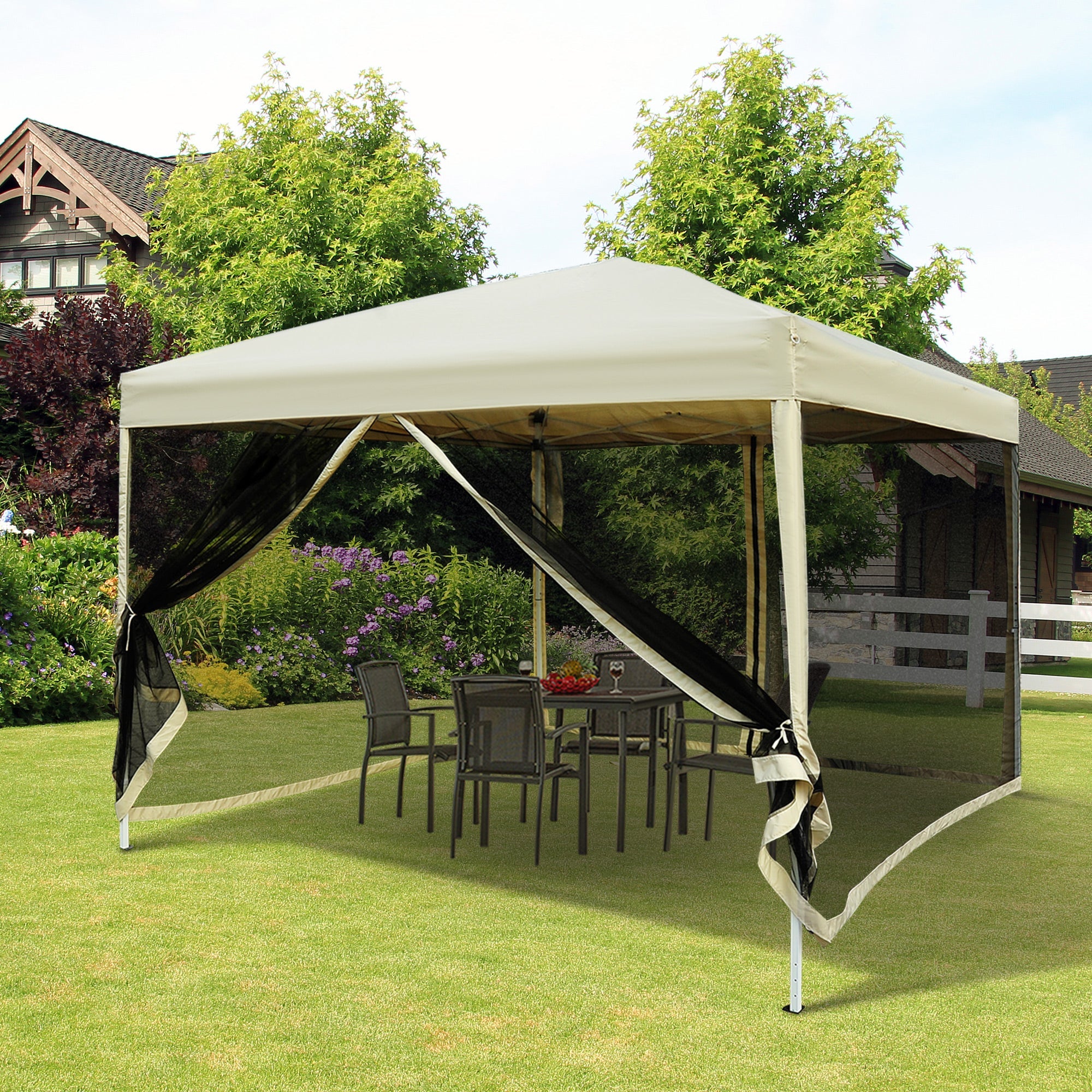 Outsunny 10'x10' Pop Up Canopy Party Tent with Mesh Sidewalls Adjustable Height Easy Setup Outdoor