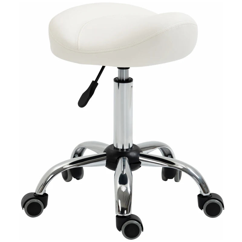 Saddle Stool, Height Adjustable Rolling Salon Chair with PU Leather for Massage, Spa, Clinic, Beauty and Tattoo, White