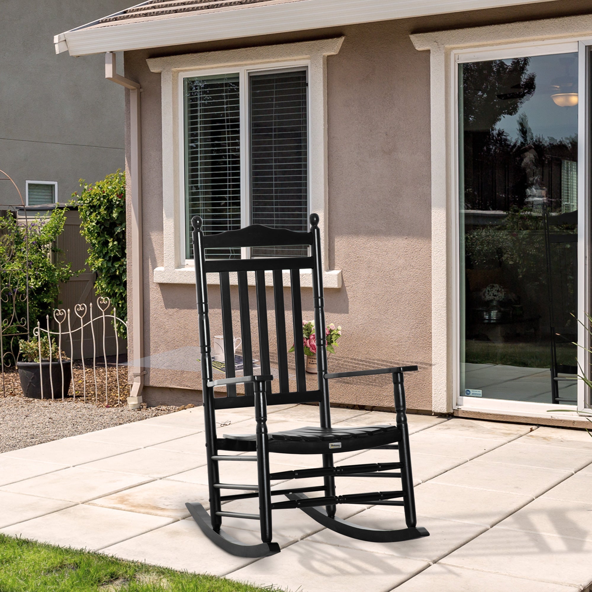 Outsunny Wooden Outdoor Rocking Chair, Patio Rocking Chair with Slatted High Back and Armrests for Porch, Garden, Lawn, Black