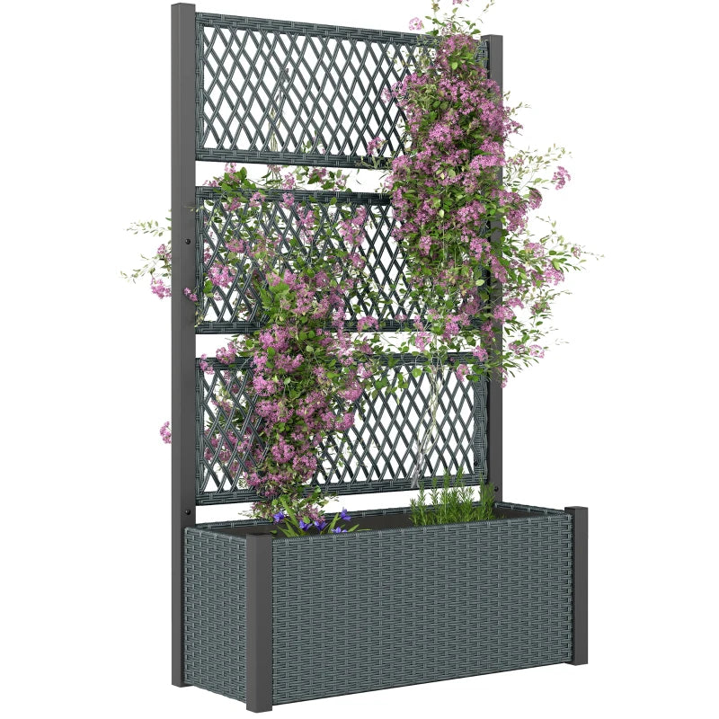 Wicker Outdoor Planter with Trellis, 58" Standing Garden Bed with Liner, Drainage Holes for Climbing Plants, Dark Grey