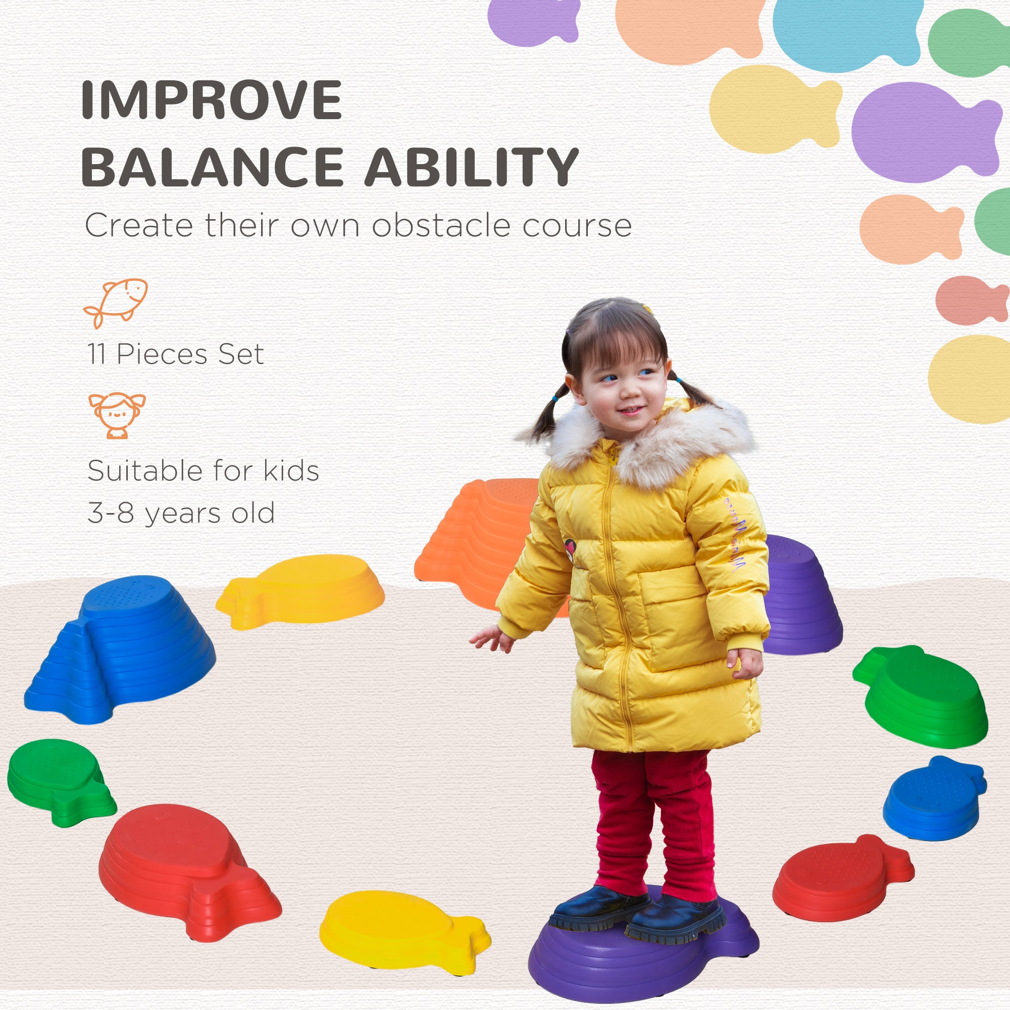 Outsunny 11pcs Kids Balance Stepping Stones, Fish Style - Non-slip, Stackable Obstacle Course for Toddler Balance