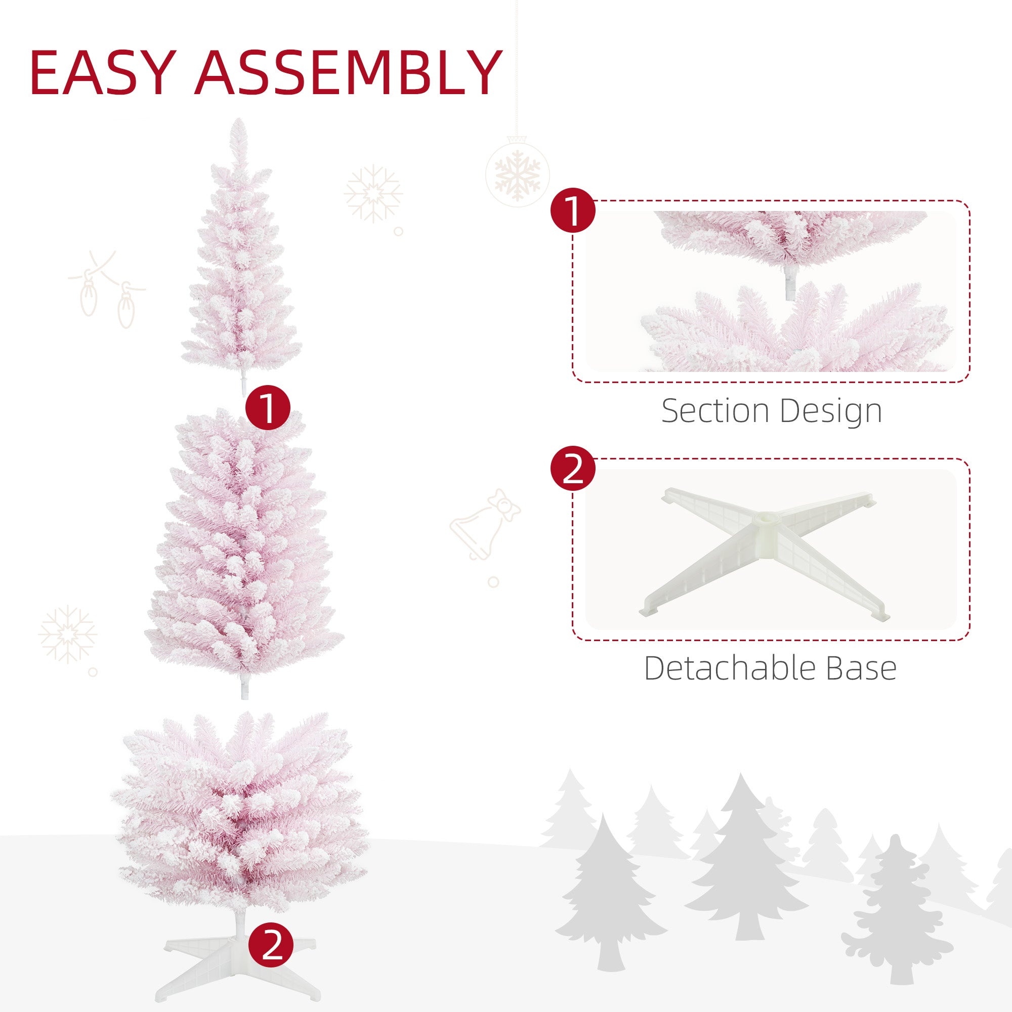 HOMCOM 6ft Flocked Christmas Tree, Pencil Artificial Christmas Tree with Realistic Branches, Pink