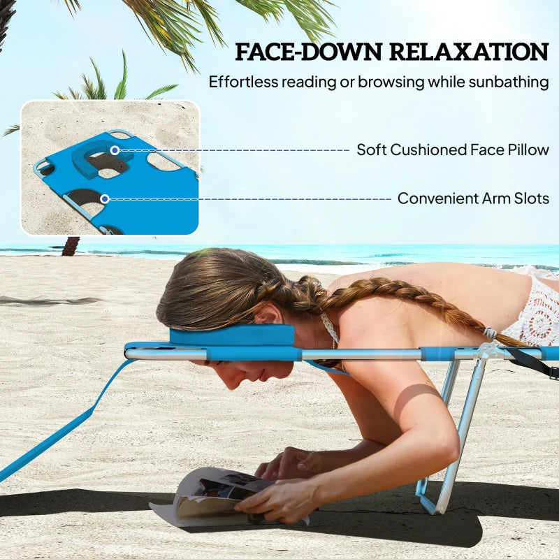 Folding Outdoor Lounge Chair, 5-Level Tanning Chair with Face Hole, Side Pocket, Carry Strap for Beach Pool, Blue