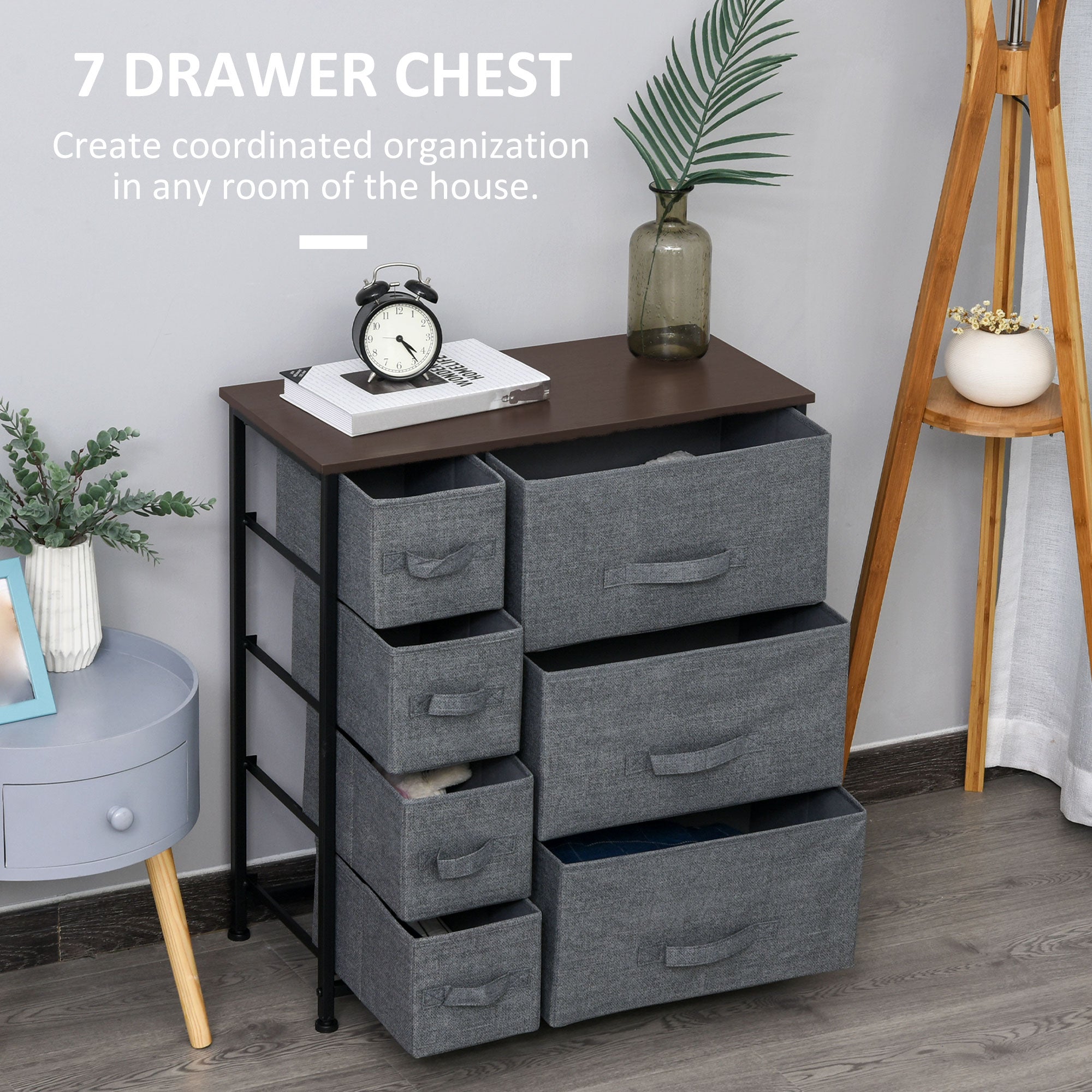 HOMCOM Dresser for Bedroom with 7 Drawers, Chest of Drawers with Metal Frame, Closet Fabric Dresser for Living Room, Dark Grey