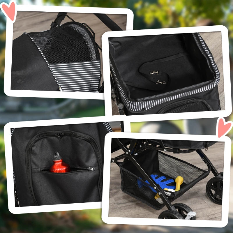 Foldable Cat Dog Travel Carriage, 4 Wheels Pet Stroller with EVA Wheel Brake, 3-stage Canopy, Mesh Window Door, Black