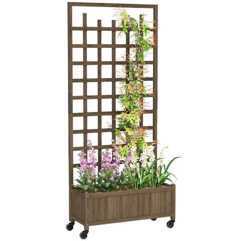 Wooden Planter with Trellis, Raised Garden Bed with Wheels, Drainage Holes for Climbing Plants, Flowers, Brown