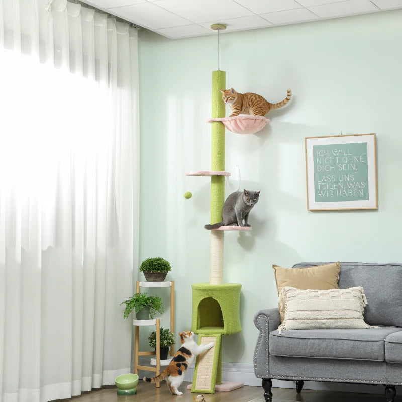 87"-94.5" Floor to Ceiling Cat Tree with Sisal Scratching Post, Condo, Hammock, Ramp, Perches, Green