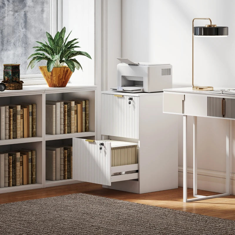 Lockable Filing Cabinet with 2 Fluted Drawers, File Cabinet with Adjustable Hanging Rails for A4 Letter Files, White
