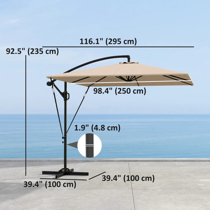 Patio Offset Umbrella UPF 50+ UV Protection, Crank Parasol with Base, Cover & Wind Securing, Khaki