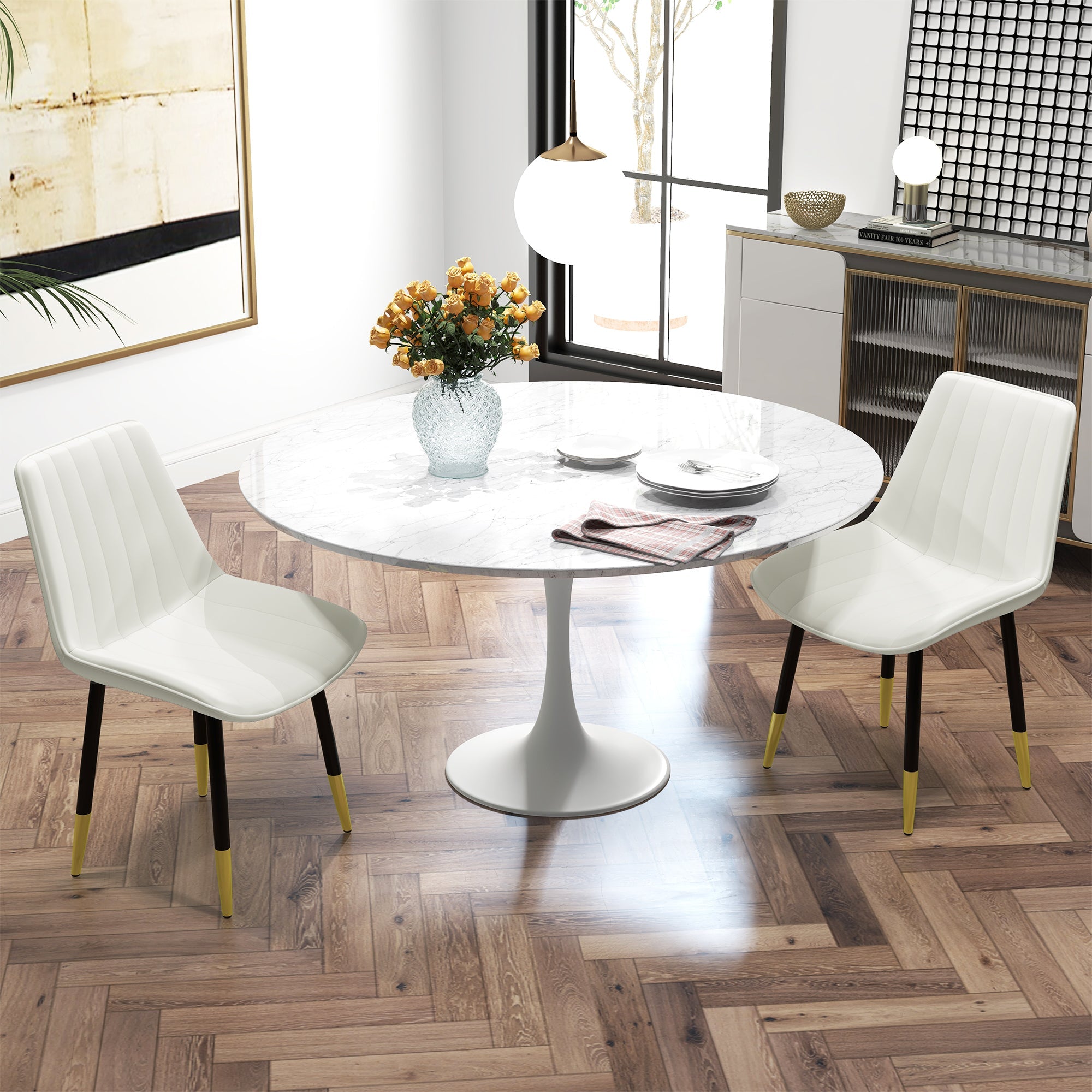 HOMCOM Dining Chair Pair: Modern PU Leather Upholstered, Steel Legs, Kitchen Chairs, Cream Hue for Living Room, Bedroom