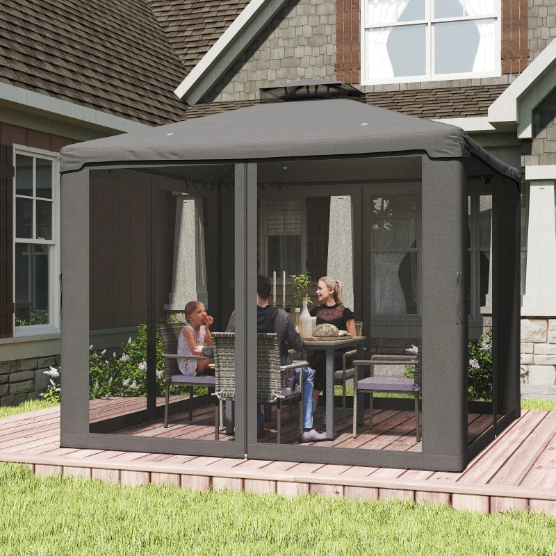 9.6' x 9.6' Patio Gazebo Outdoor Pavilion 2 Tire Roof Canopy Shelter Garden, Steel Frame w/ Mosquito Netting, Dark Grey