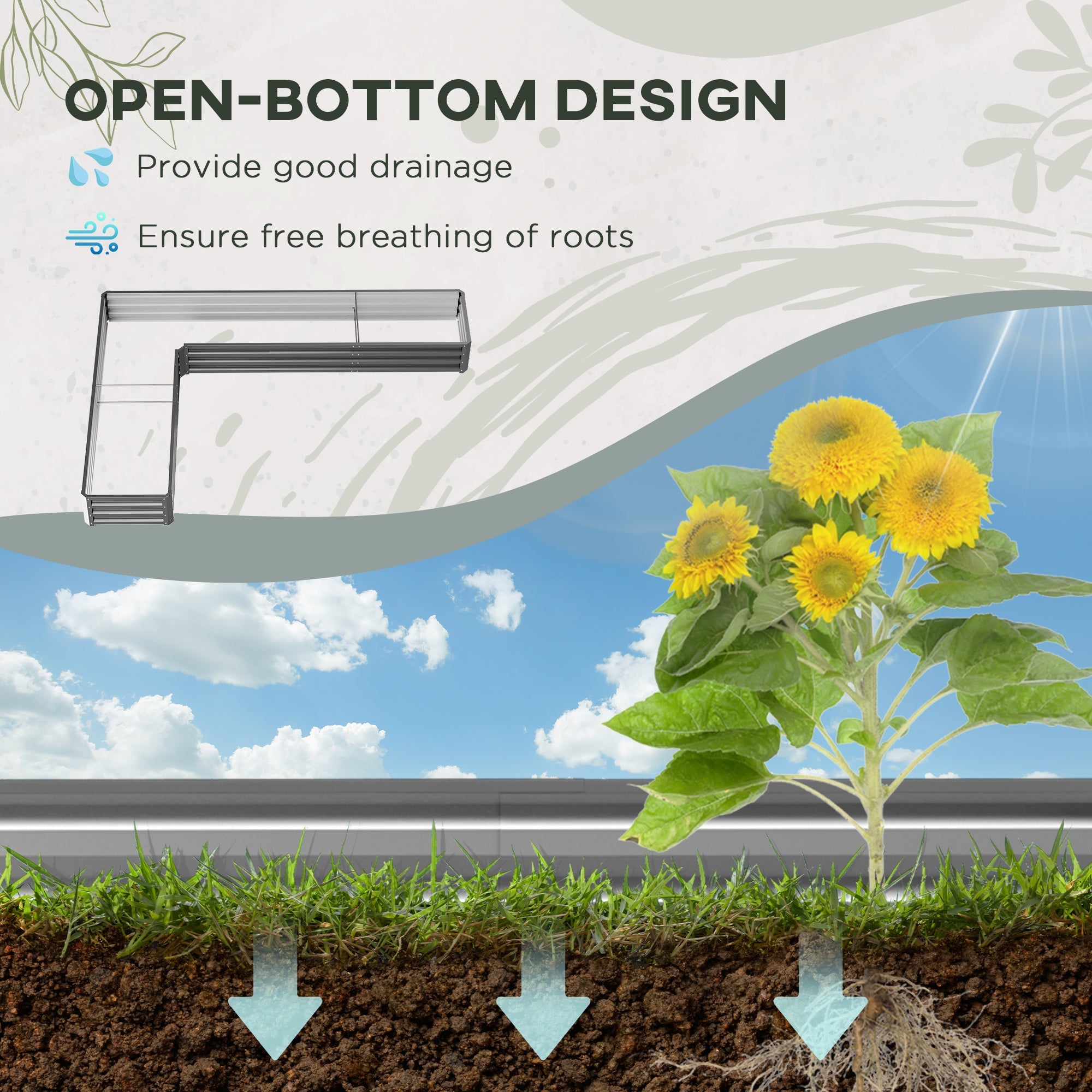 Outsunny 82" x 109" x 12" L-Shaped Galvanized Steel Raised Garden Bed Planter Box Multi-Rods Dark