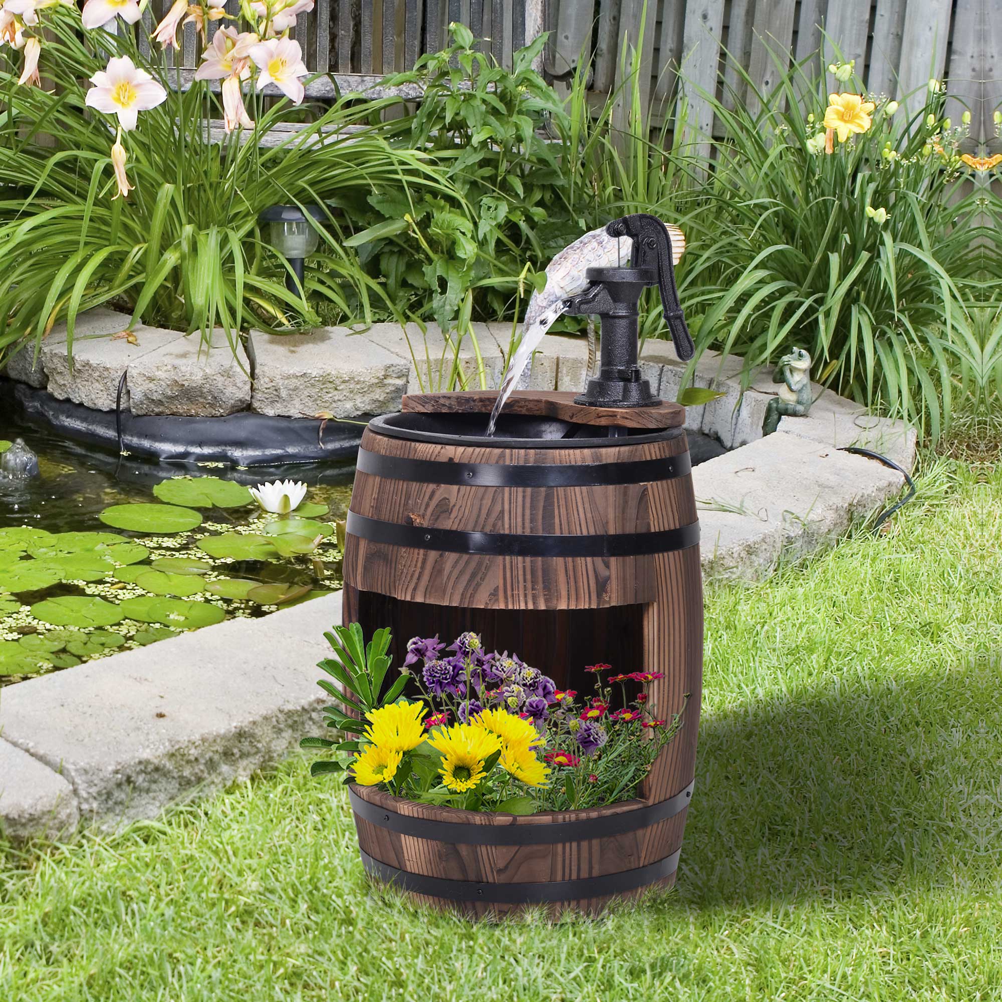 Outsunny Barrel Water Fountain, Wooden Electric Outdoor Feature with Pump, Carbonized for Patio & Backyard