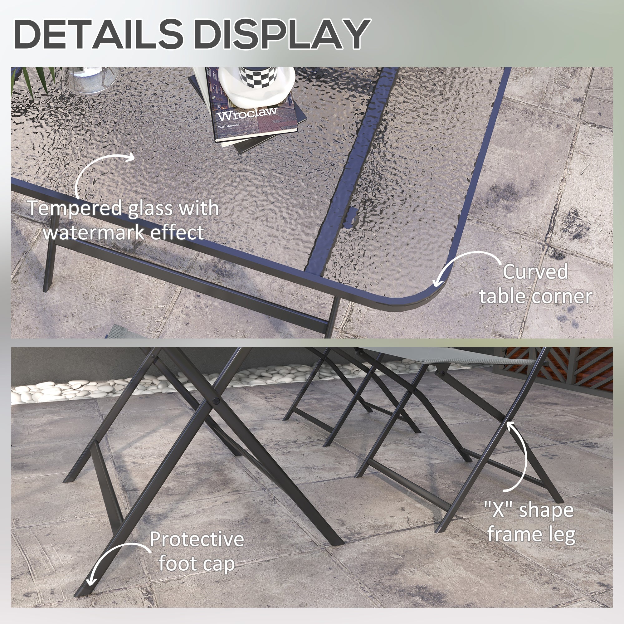 Outsunny Patio Dining Set 5 Pieces Foldable Table and Chairs Glass Top Rectangle Table Stackable Chairs Grey