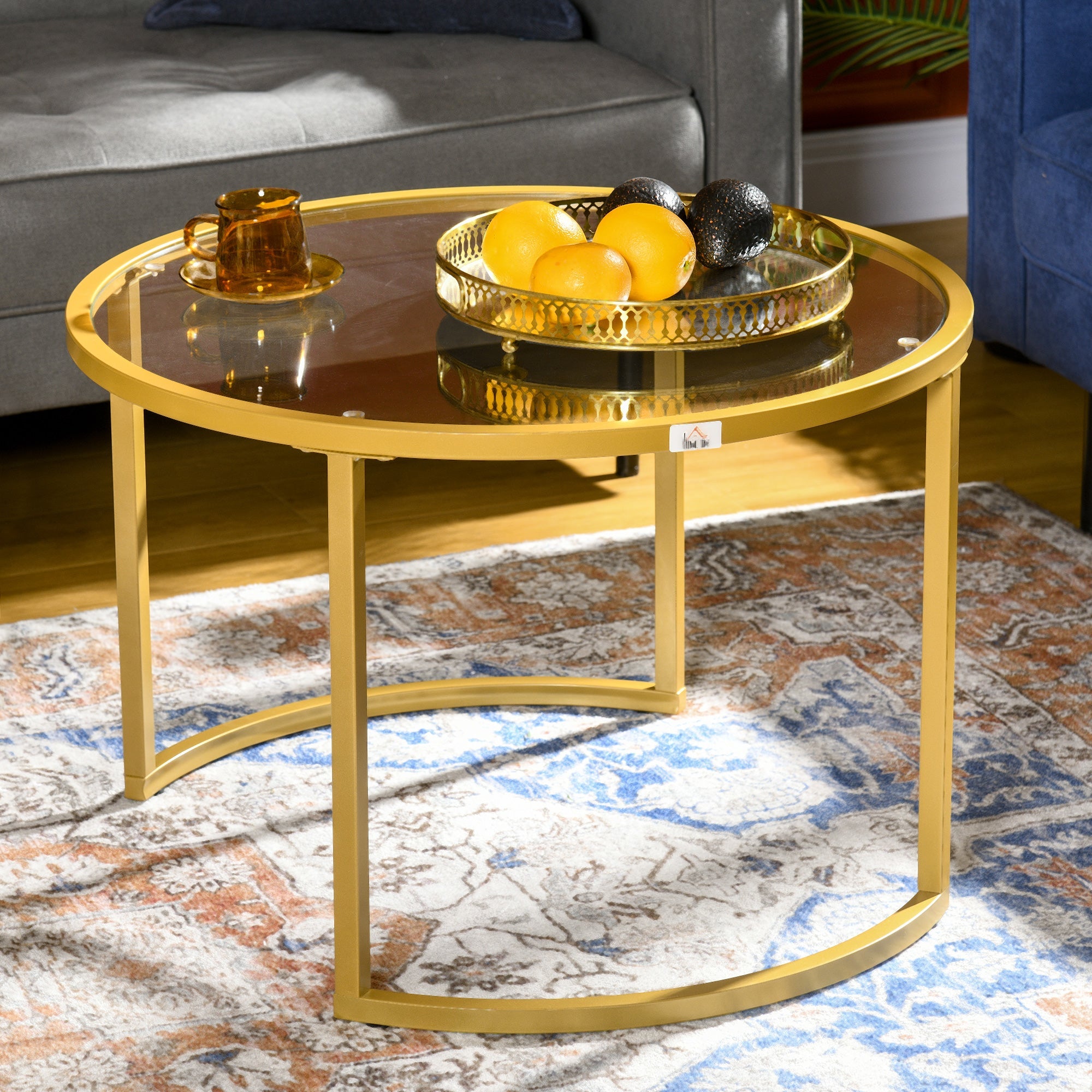 Homcom Gold Round Nesting Tables: Set of 2 with Tempered Glass Top & Steel Frame for Modern Living Room