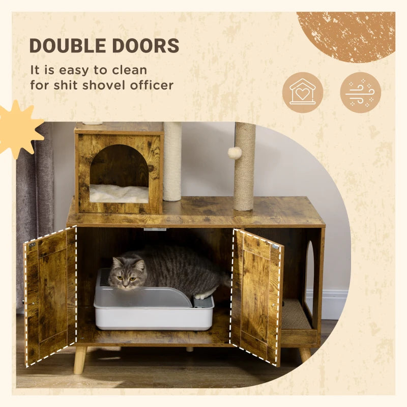 Litter Box Enclosure with Cat Tree Tower, Hidden Cat Washroom Furniture with Condo, Scratching Posts, Large Platform, Hammock and Soft Cushion, Rustic Brown