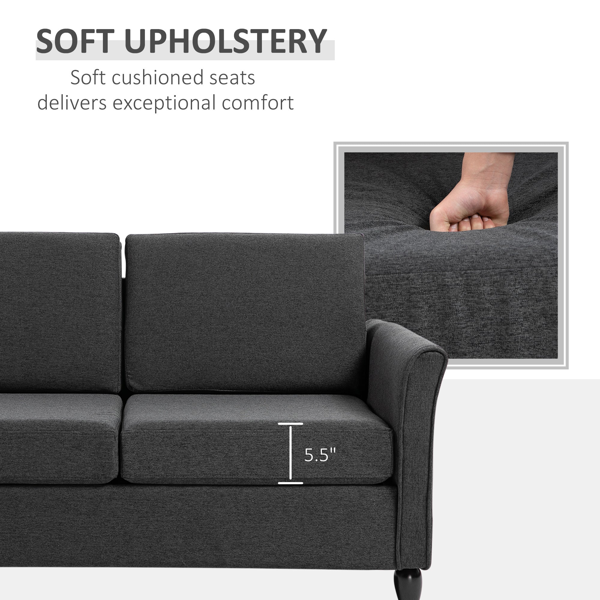 HOMCOM 55" Upholstered Double Sofa: With Armrest, Sturdy Wood Legs for Living Room Furniture, Dark Grey