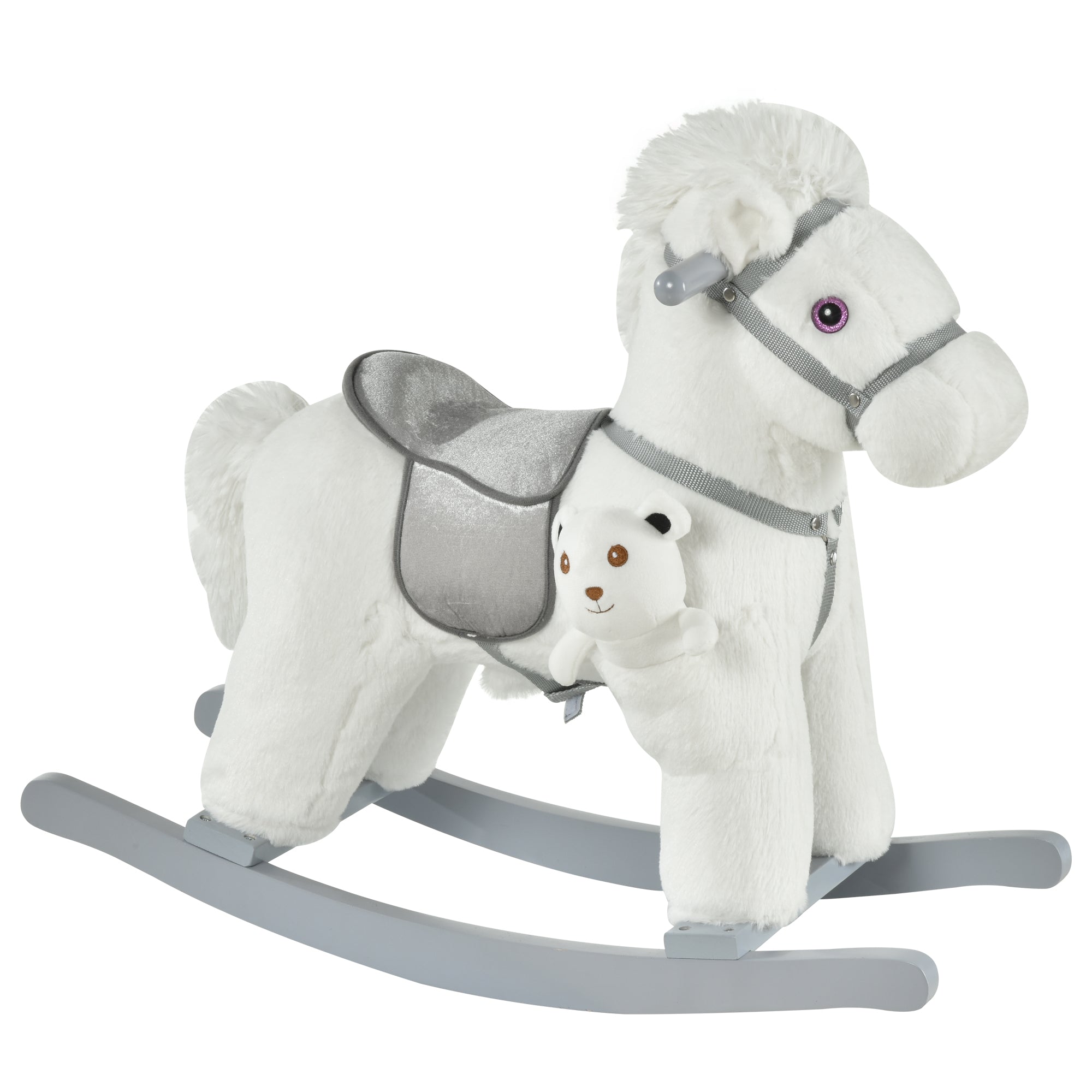 Qaba Kids White Plush Rocking Horse - Soft Bear Ride-On Toy with Fun Sounds, Comfortable Children's Chair
