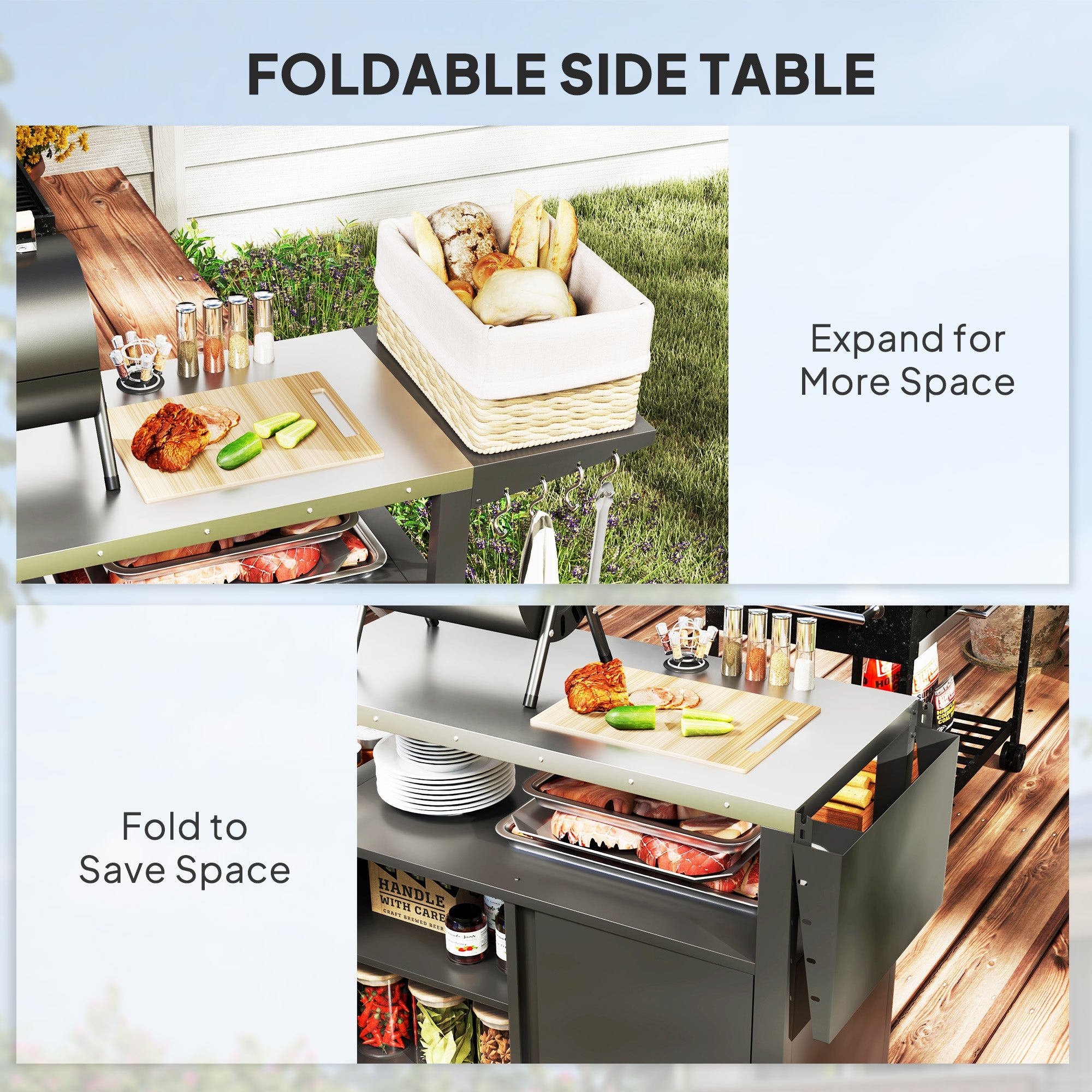 Outsunny Outdoor Grill Cart with Foldable Side Table, Stainless Steel Tabletop, Pizza Oven Stand with Storage Rack, Wheels