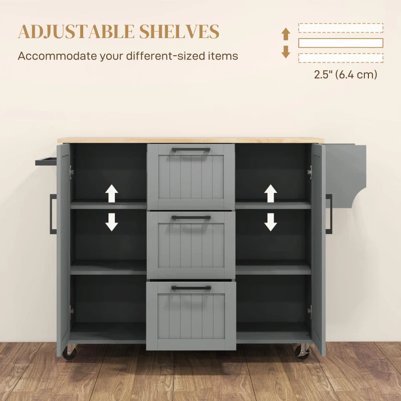 Rolling Kitchen Cart on Wheels with Drop Leaf, Kitchen Island with 3 Drawers, Solid Wood Top and Towel Rack, Grey