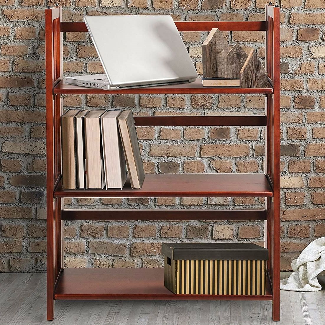 3-Shelf Folding Storage Shelves Bookcase in Walnut Wood Finish - Free Shipping