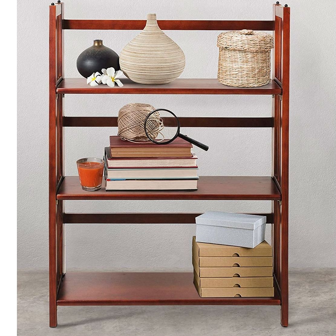 3-Shelf Folding Storage Shelves Bookcase in Walnut Wood Finish - Free Shipping