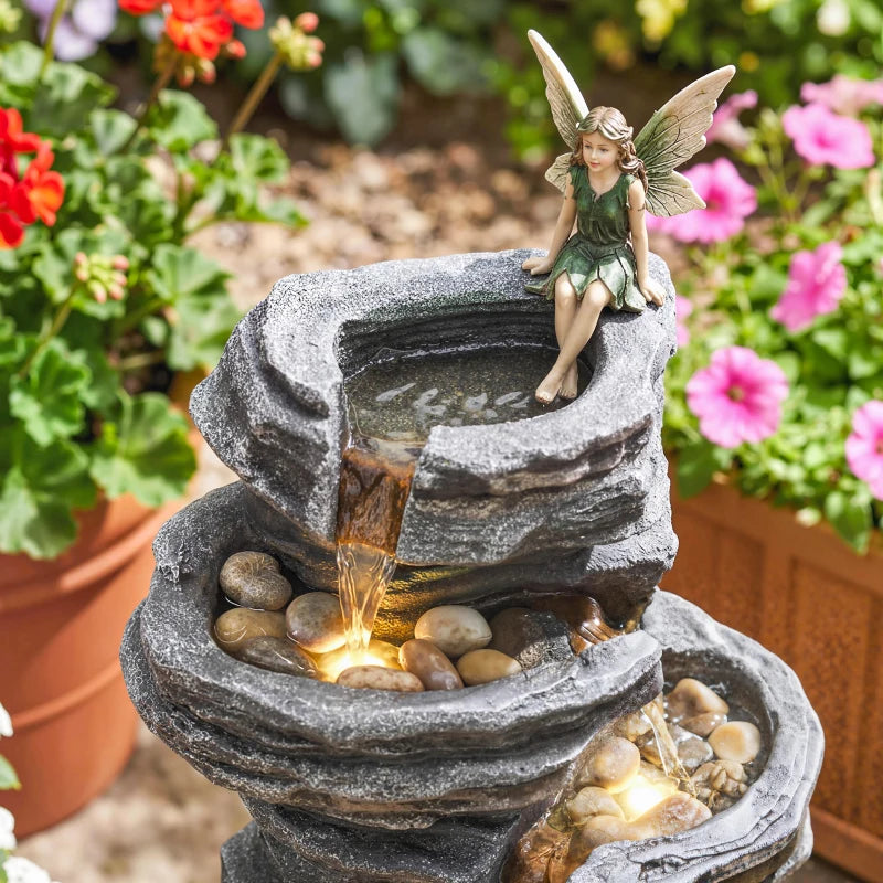 Outdoor 6-Tier Water Fountain, Waterfall Fountain with LED Lights, Resin Waterfall Feature with Pump, Grey