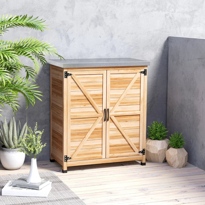 Garden Storage Cabinet, Outdoor Potting Bench Table with Metal Tabletop, Shelf and Double Doors, Natural