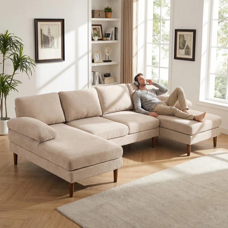 U Shape Couch with Double Chaise Lounge, Modern 4 Seater Sofa with Wooden Legs, Fabric Sofa for Living Room, Beige