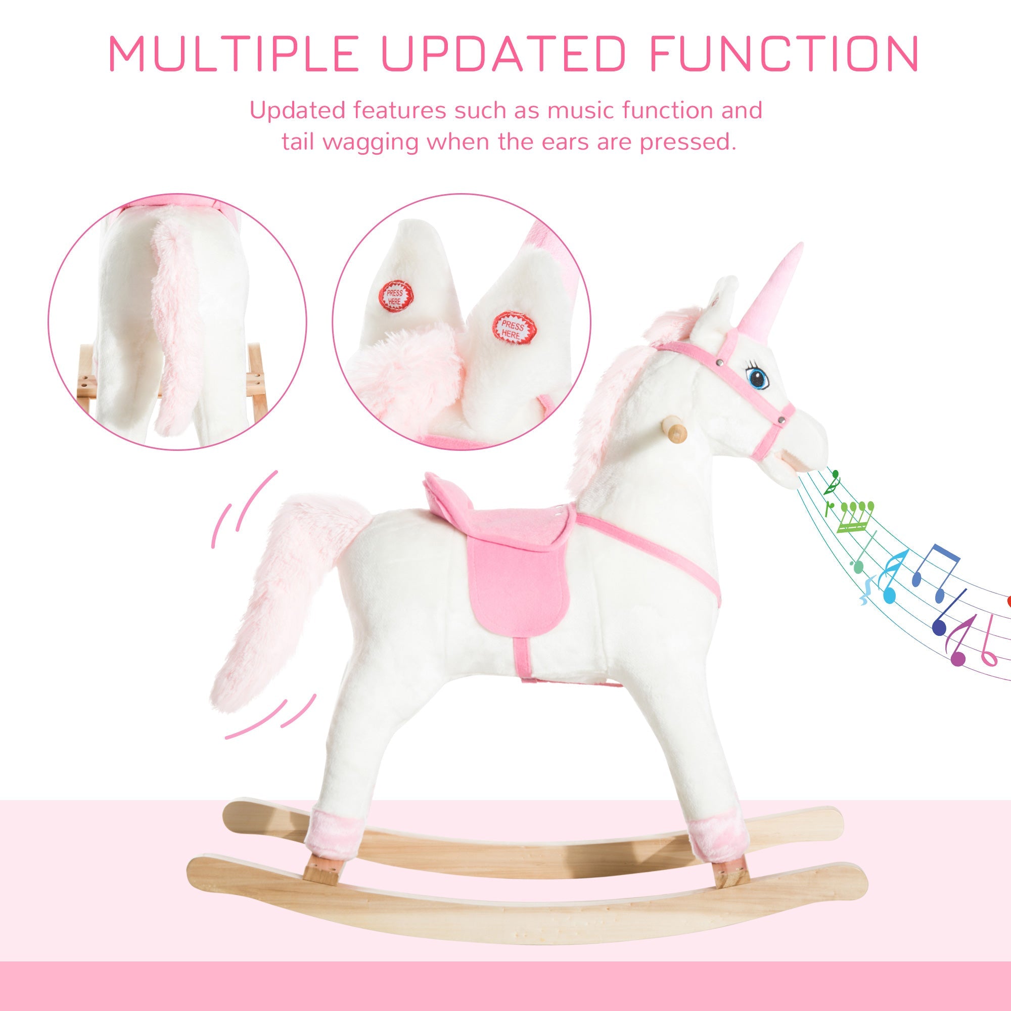 Qaba Kids Plush Toy Rocking Horse Unicorn with Realistic Sounds, White & Pink