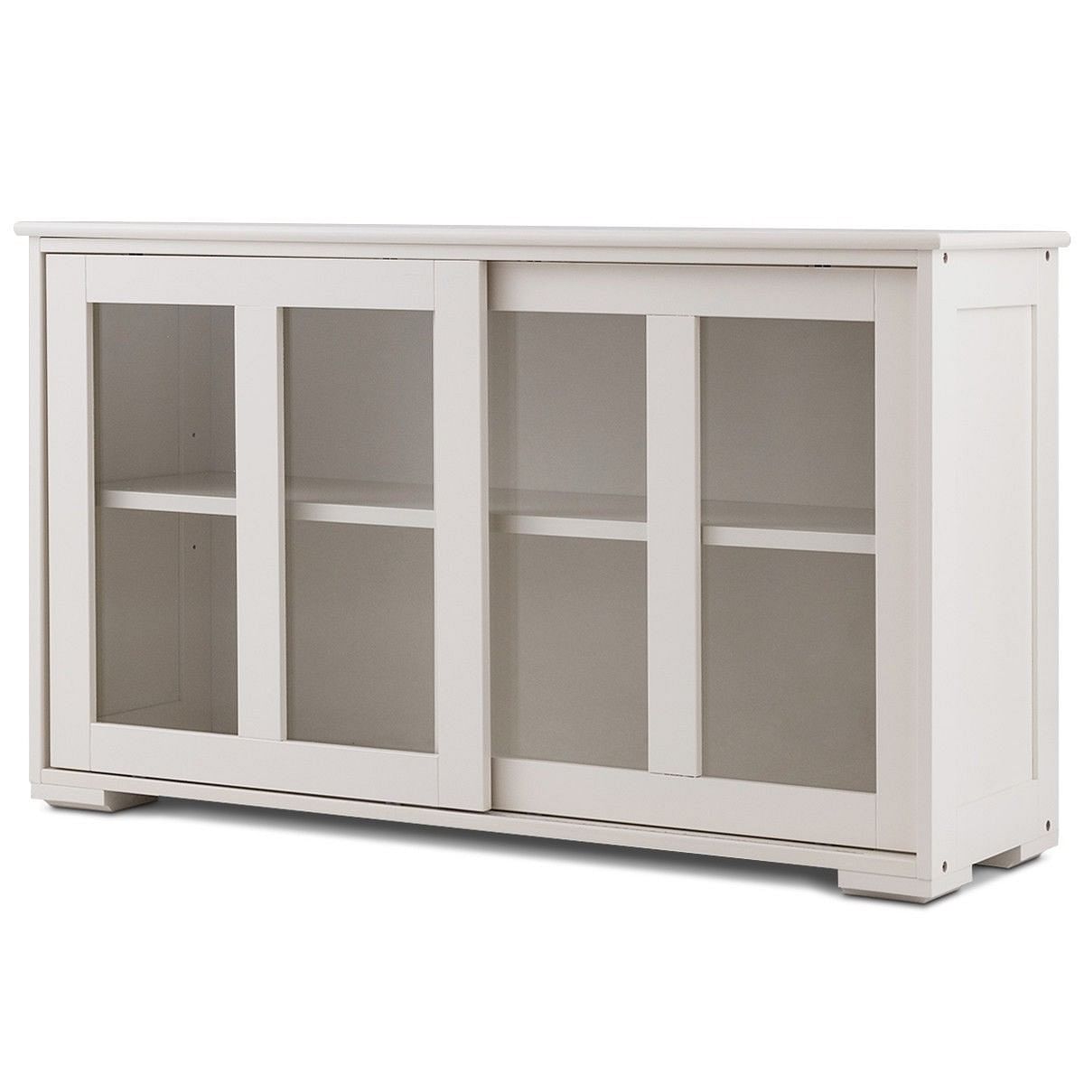 Modern Cream White Wood Buffet Sideboard Cabinet with Glass Sliding Door - Free Shipping